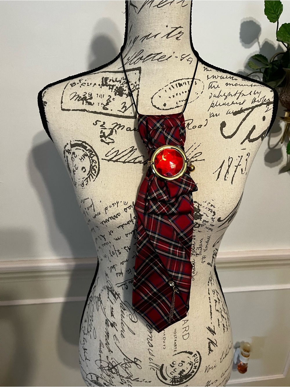 Red Plaid Statement Necktie Necklace with Gold Accent
